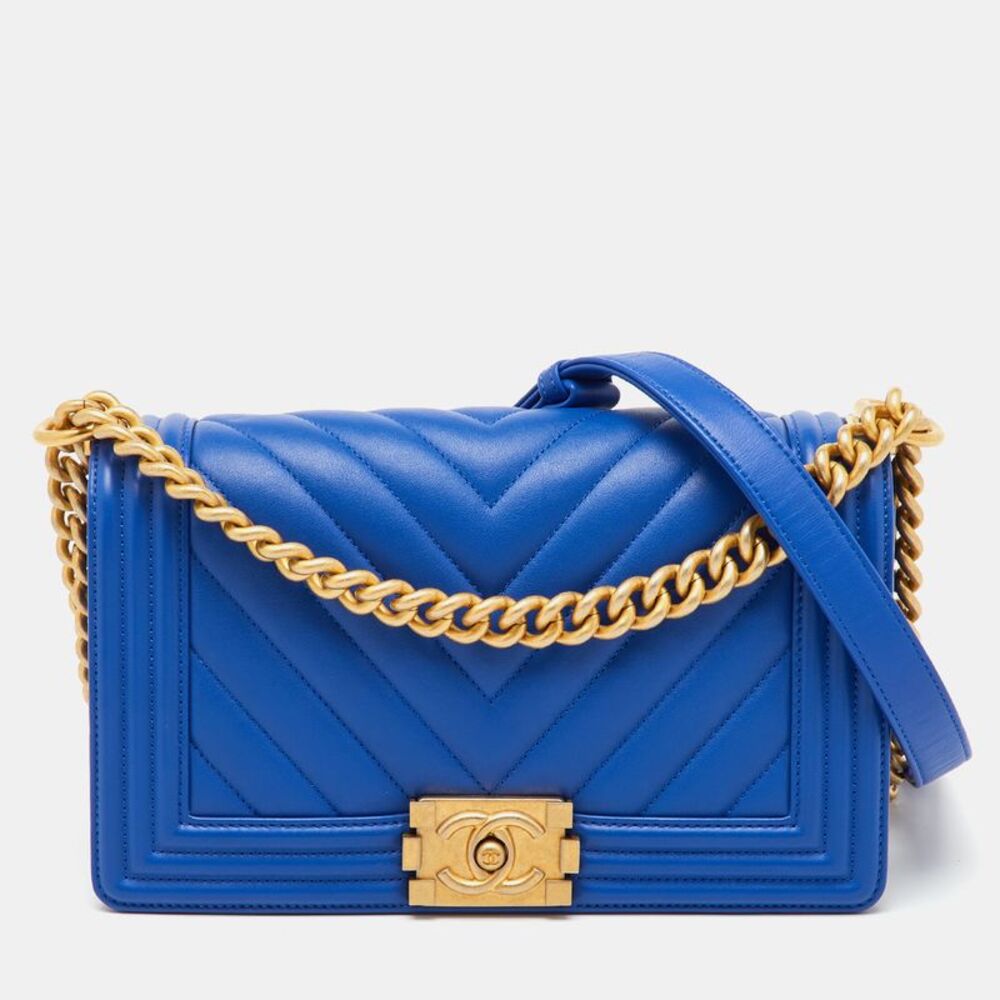 Chanel Boy Medium Blue Leather Shoulder Bags